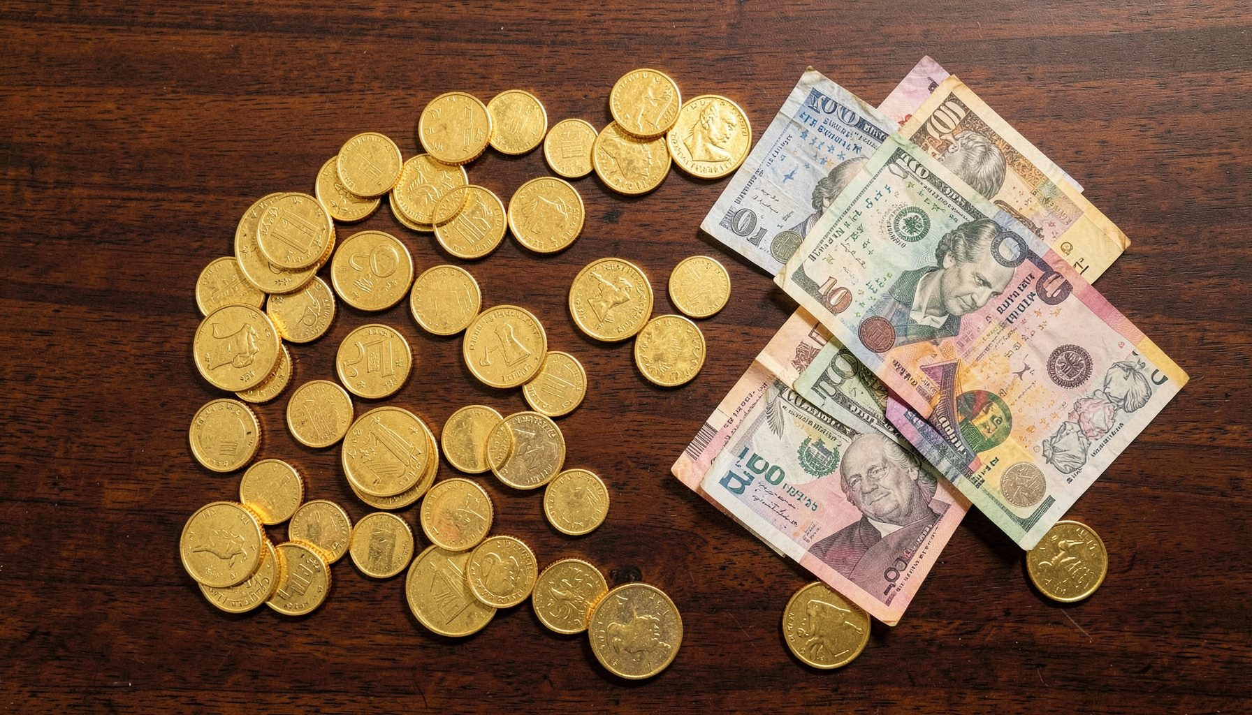 Altın sikkeler, dolar banknotları ve Türk lirası banknotlarının koyu ahşap bir masa üzerinde dağınık olarak yer aldığı, sıcak sarı ve kahverengi tonların hakim olduğu bir üstten çekim.