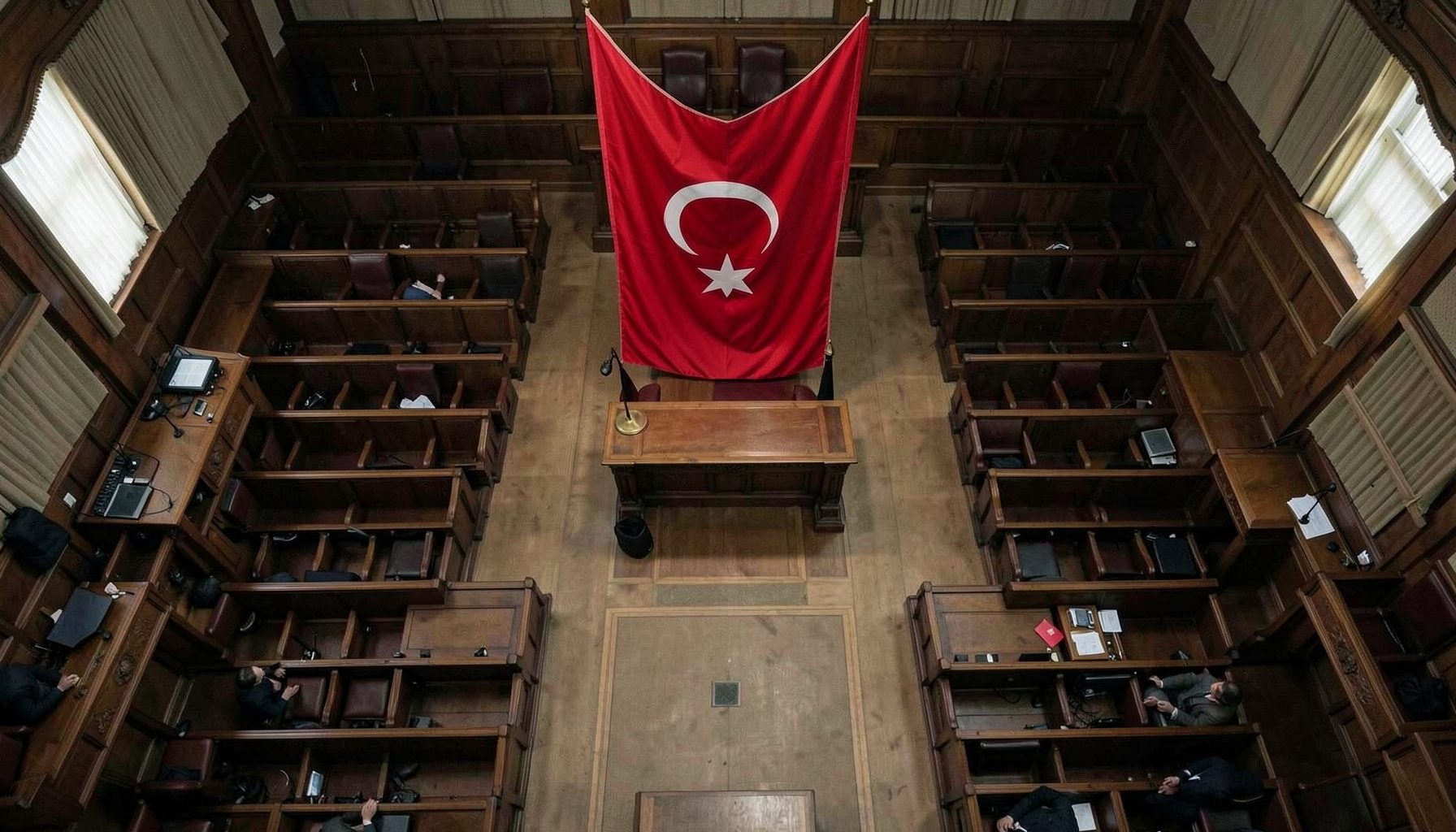 Geniş bir meclis salonunun loş ışıklı iç mekanı, ahşap sıralar ve kürsü önünde dalgalanan Türk bayrağı, ciddi ve resmi bir atmosfer.