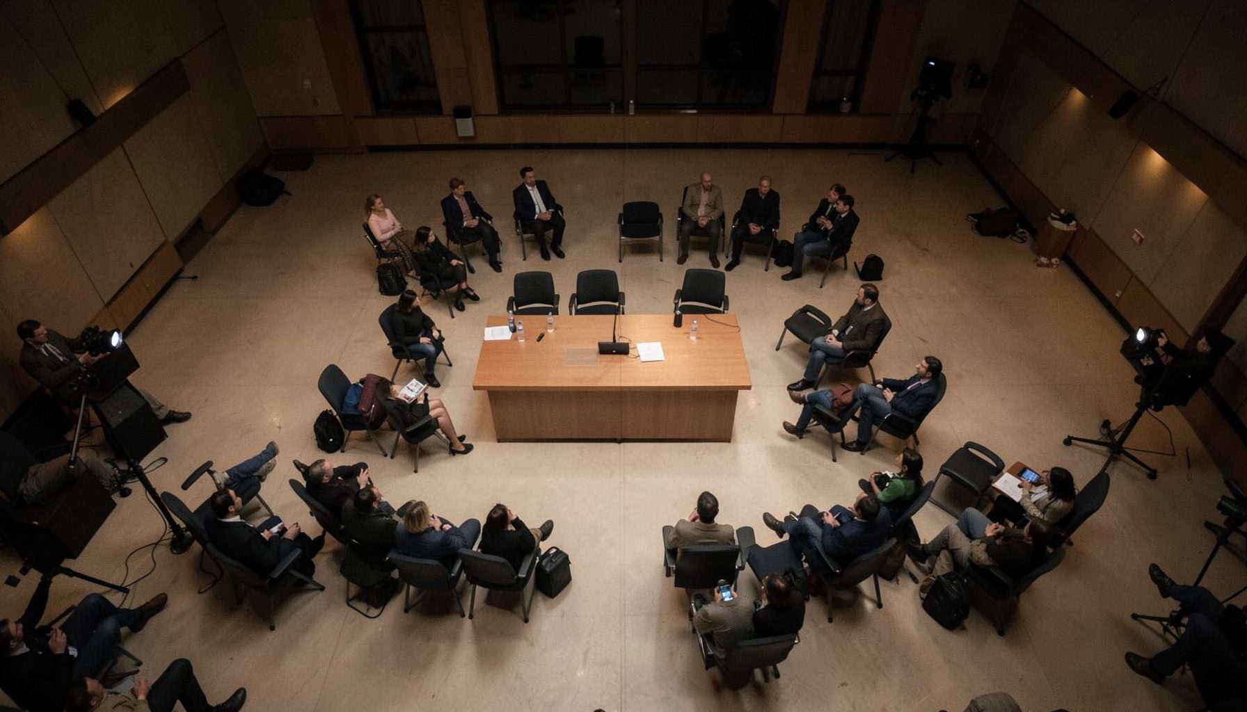 Geniş bir konferans salonunda düzenlenen siyasi panel, sahneye yerleştirilmiş masa ve sandalyeler, loş ama sıcak aydınlatma.